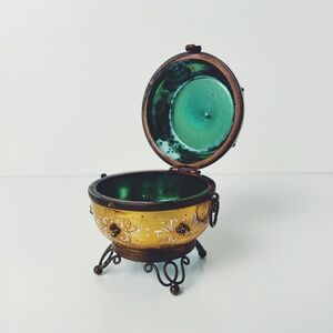 Rare Vintage Enameled Metal Trinket Box with Glass Elements – Hinged Lid, Ornate